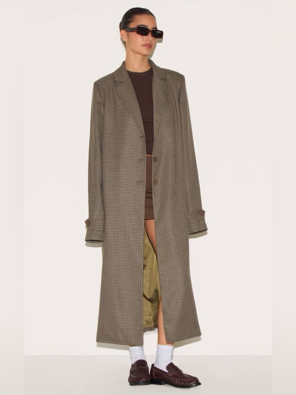 PrettyLittleThing Brown Houndstooth Longline Duster Coat - Picture 8 of 16